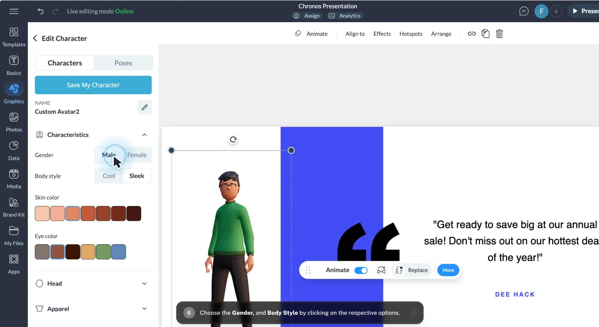 Visme 3D character creator with customizable animated character