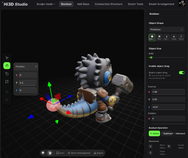 Hi3D stuido boolean add or subtract
