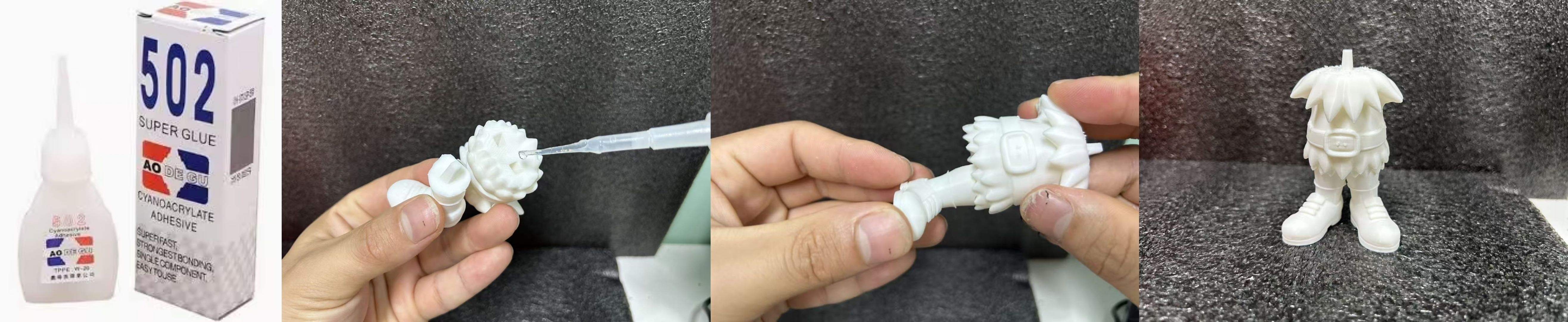 Applying cyanoacrylate super glue to assemble a multi-part resin 3D printed figure.