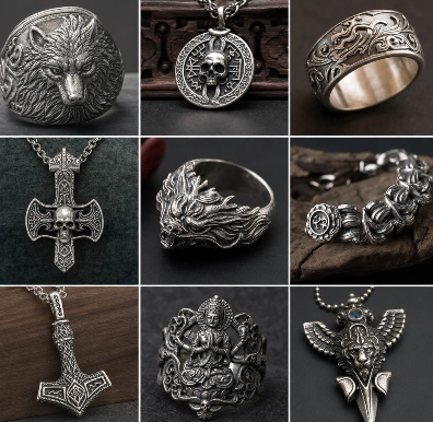 intricate-3d-printed-fantasy-jewelry-collection-with-rings-pendants-and-medallions