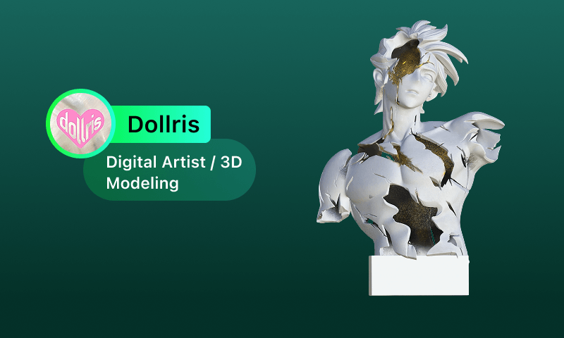 Dollris holding a painted 3D printed figure created with Hi3D — an AI-powered image-to-3D tool that turned a week-long character modeling process into a one-day workflow