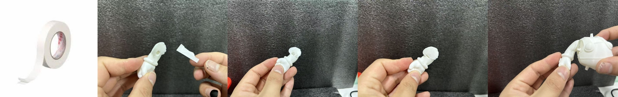 Using double-sided tape to temporarily position resin 3D printed parts during assembly.