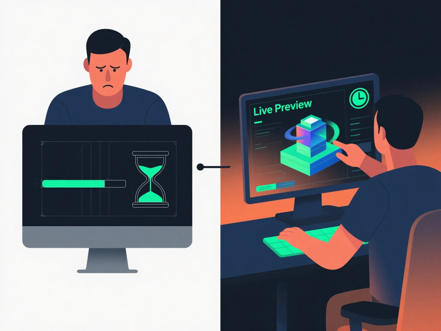 How does real-time preview improve time efficiency in 3D design?