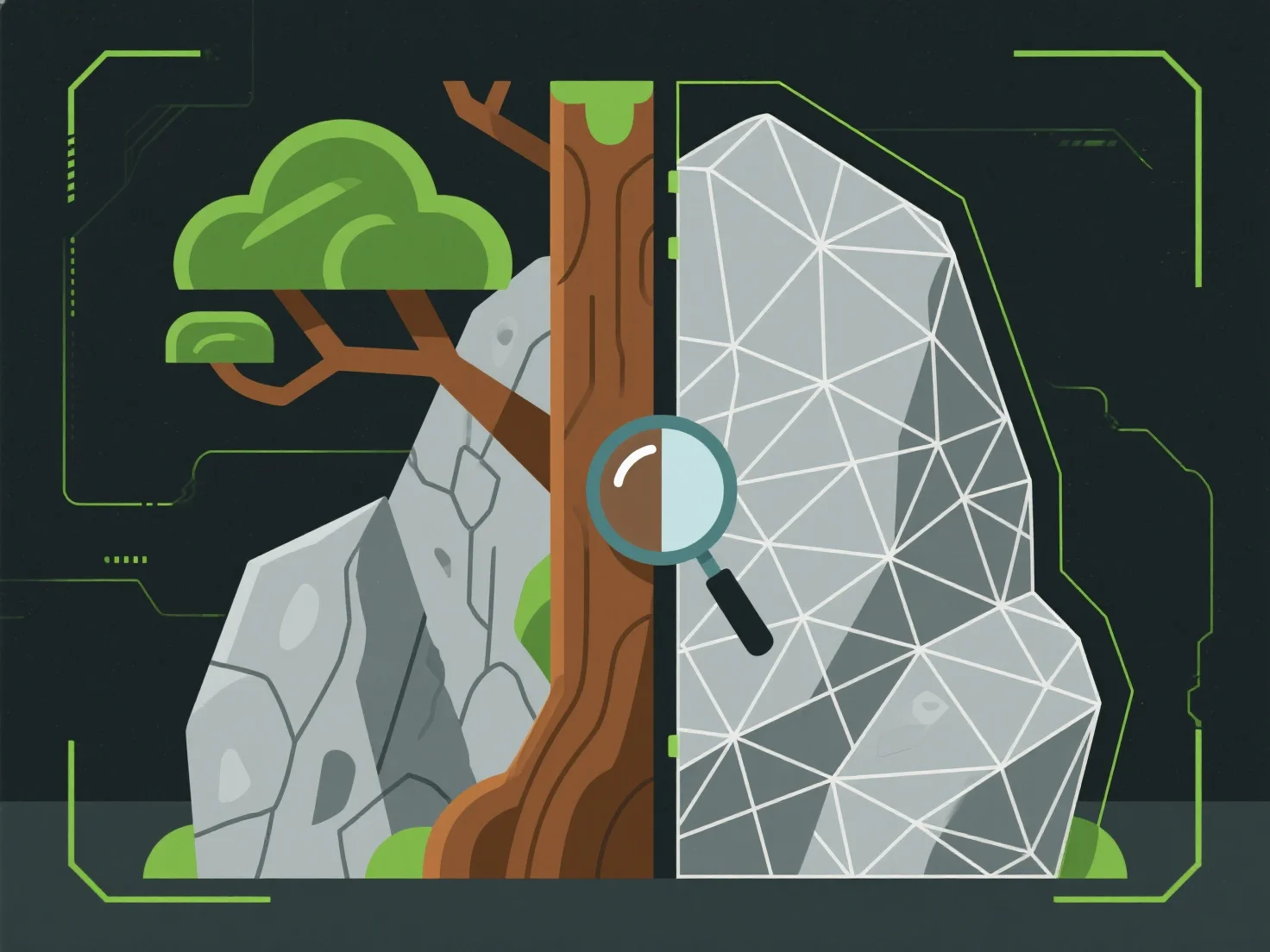 How are environmental assets like trees and rocks composed in 3D modeling?