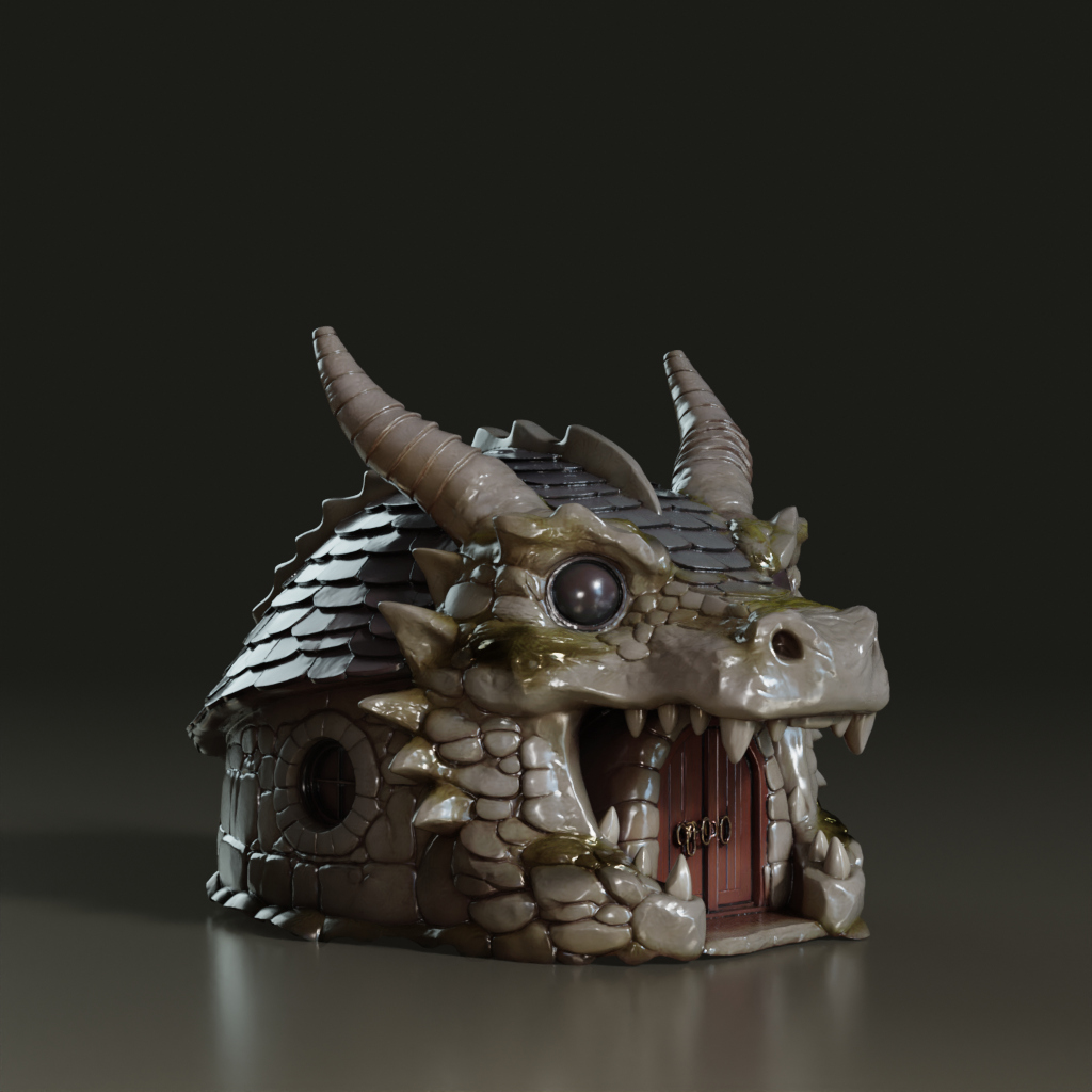 stylized-fantasy-stone-dragon-head-cottage-3d-mode