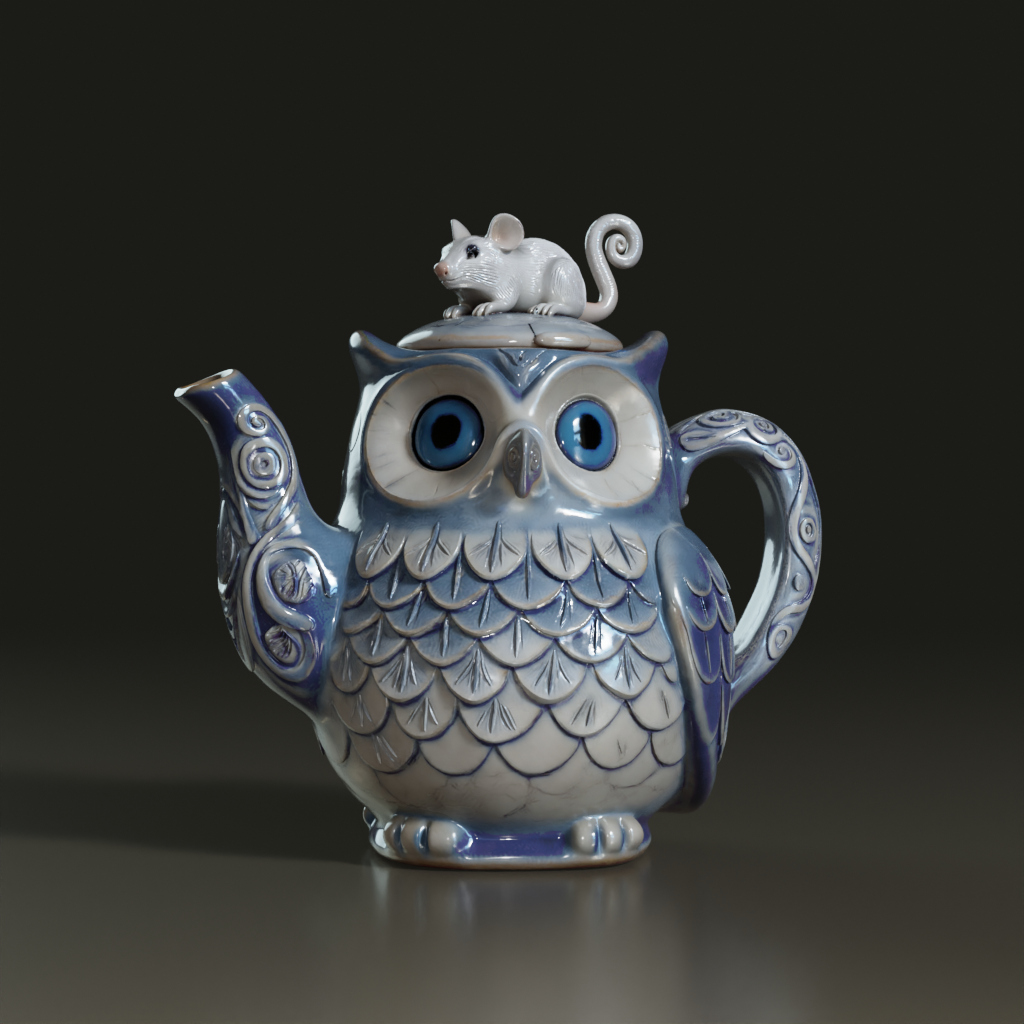 whimsical-ceramic-owl-teapot-with-mouse-finial